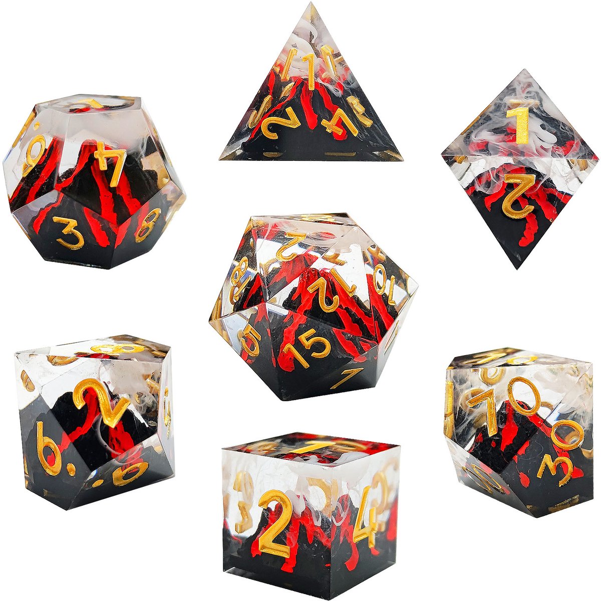 Joya Dice® Polydice Dobbelsteen set geschikt voor rollenspellen zoals Dungeons and Dragons D&D DnD | Dobbelstenen Set | Dice set | Resin 7 stuks set | Incl Luxe Opbergdoos | Uitbarstende Vulkaan | Vulcano